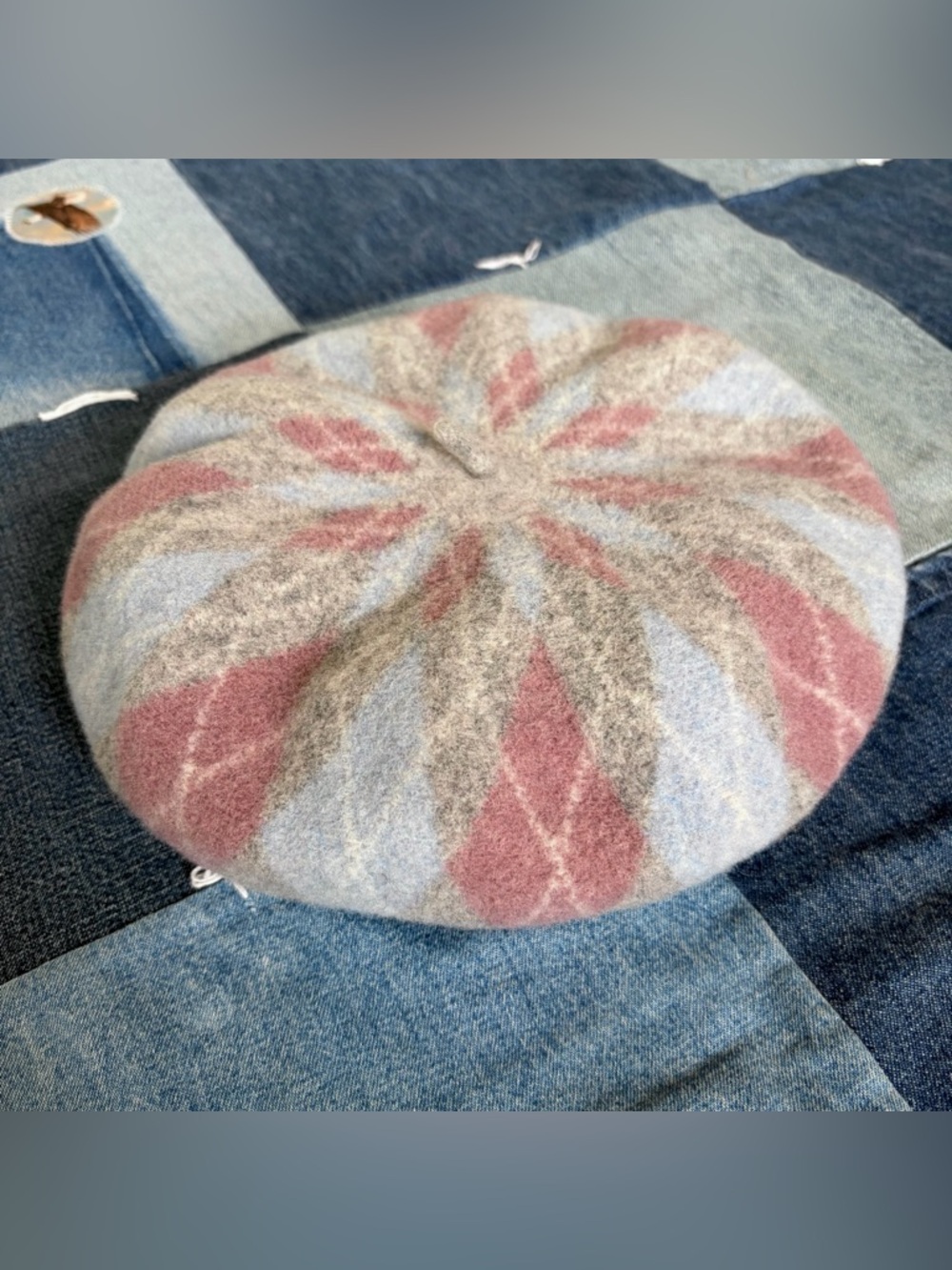 argyle print beret hat pink blue grey white felt wool chic